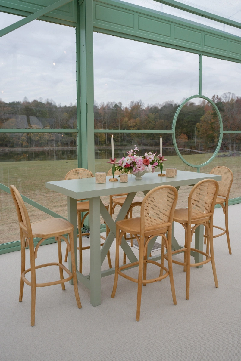 Sage Green Bar Height Trestle Table with Cane Back Barstools